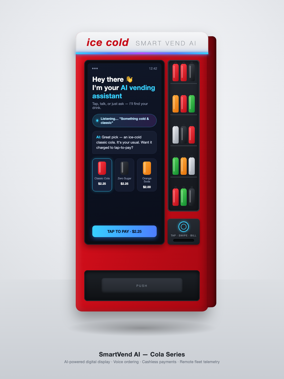 SmartVend AI cola vending machine with digital AI display